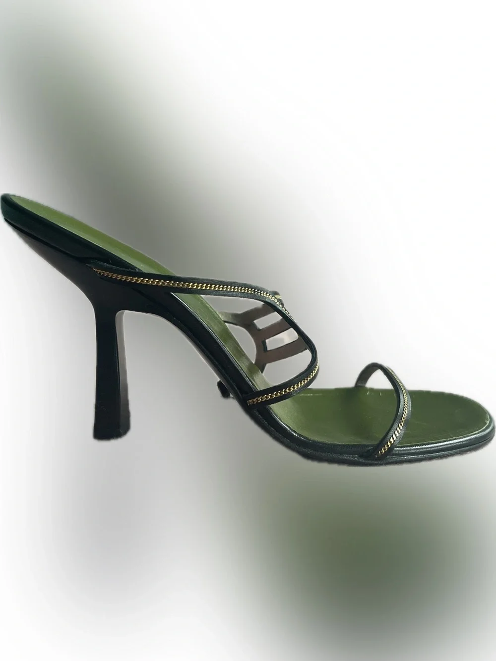Gucci Olive Green Strappy Heel Sandals with Gold Trim - Picture 3 of 5